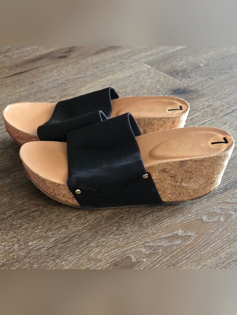 Bamboo Black Wide-Strap Cork Wedge Slides